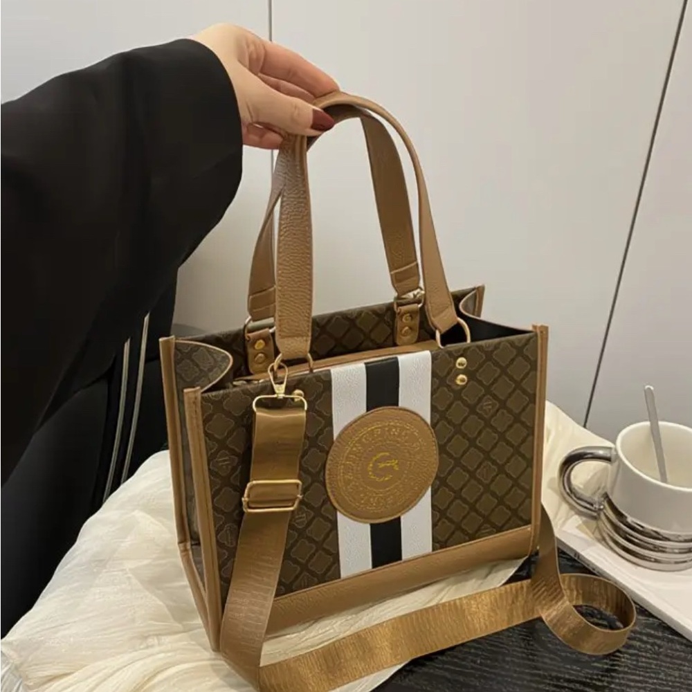 Monogram Stripe Tote Bag G Logo Medallion Top Handle Crossbody Shoulder Bag NIP - Picture 8 of 14